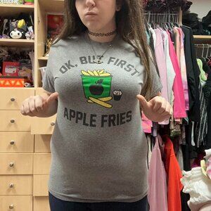 gray graphic tee with "ok, but first apple fries" design !!
